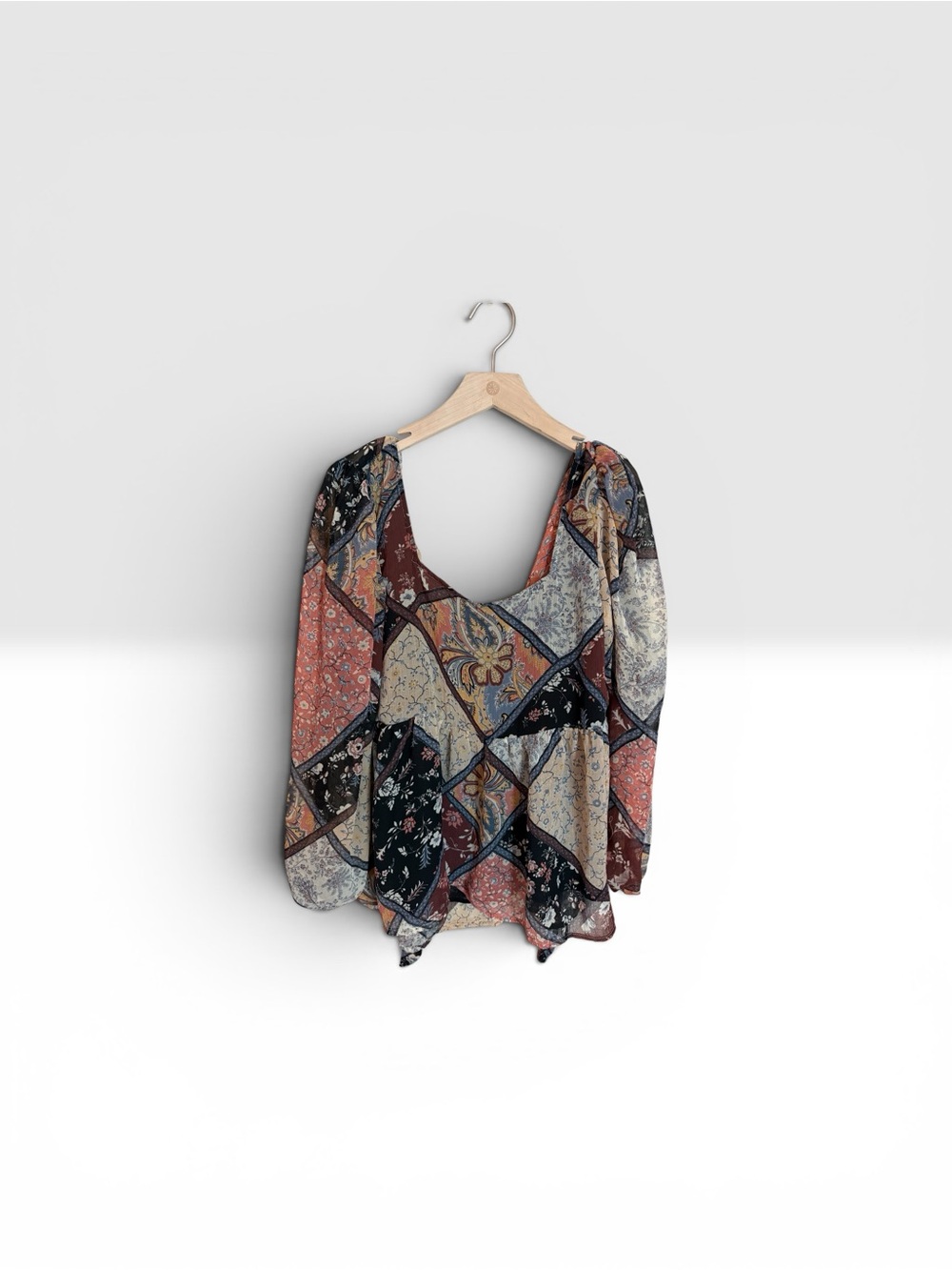 American Eagle Boho Patchwork V-Neck Women’s Top in Rust and Navy